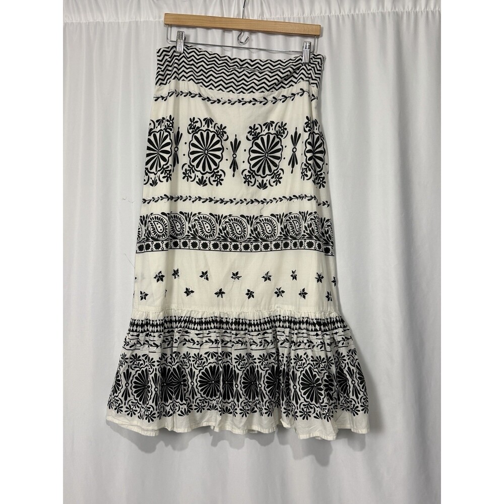 Vintage DIMRI Boho Maxi Skirt Black White Floral Paisley Print Ruffle Hem Size S